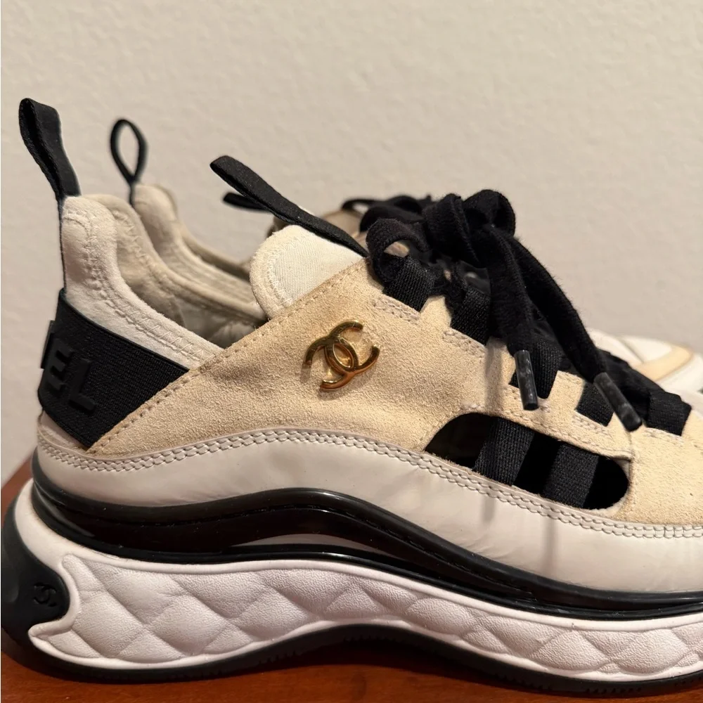 Chanel Cream & Black Suede Sneakers 37